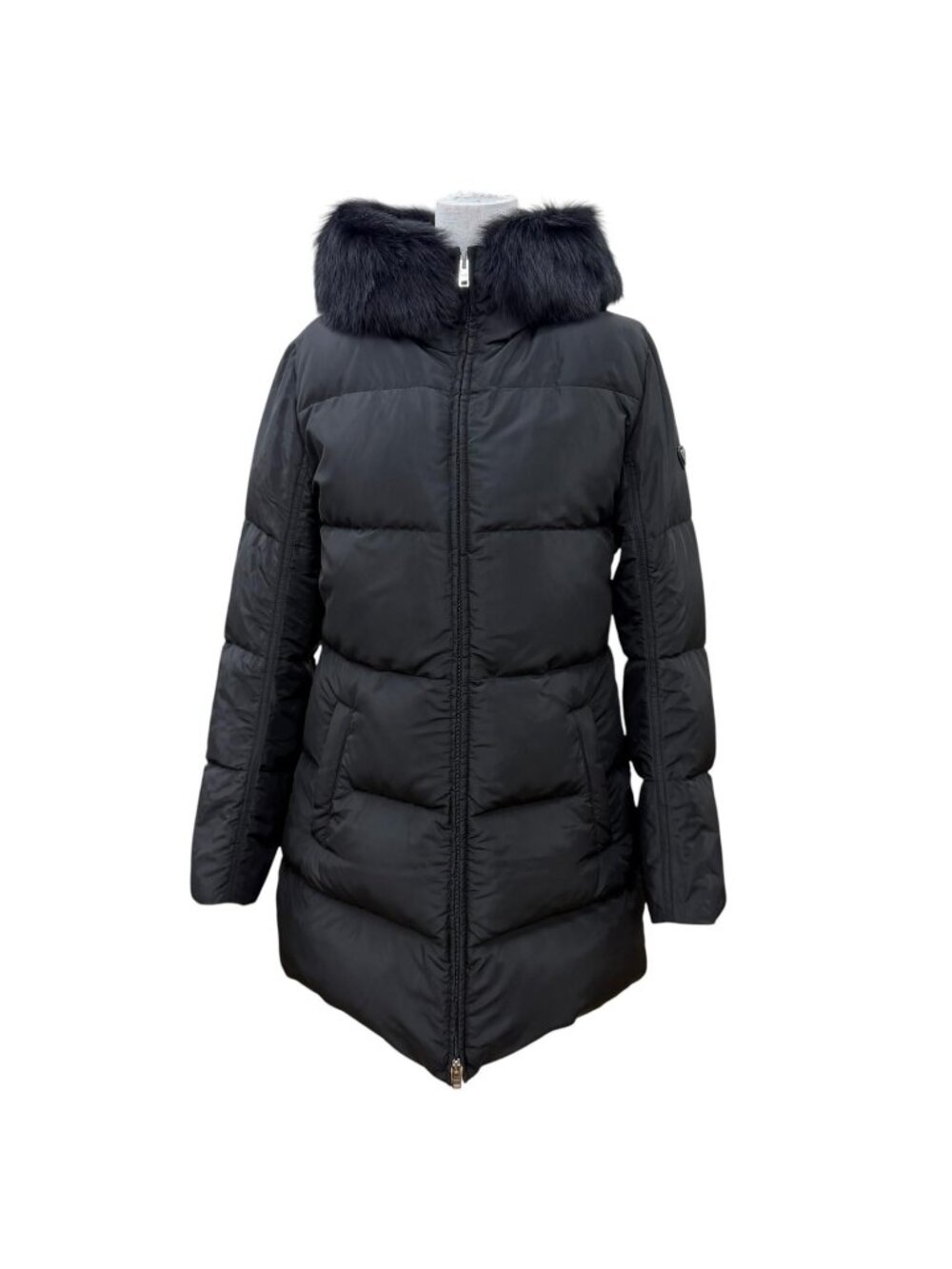 Prada Triangle Logo Sheepskin Fur Hooded Zip UP Down Coat Black 42